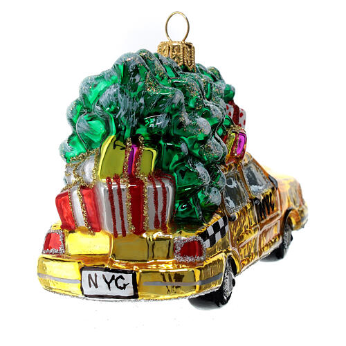 Blown glass Christmas ornament, New York taxi with Christmas tree 7