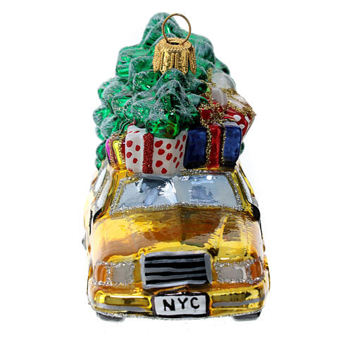 Blown glass Christmas ornament, New York taxi with Christmas tree 8