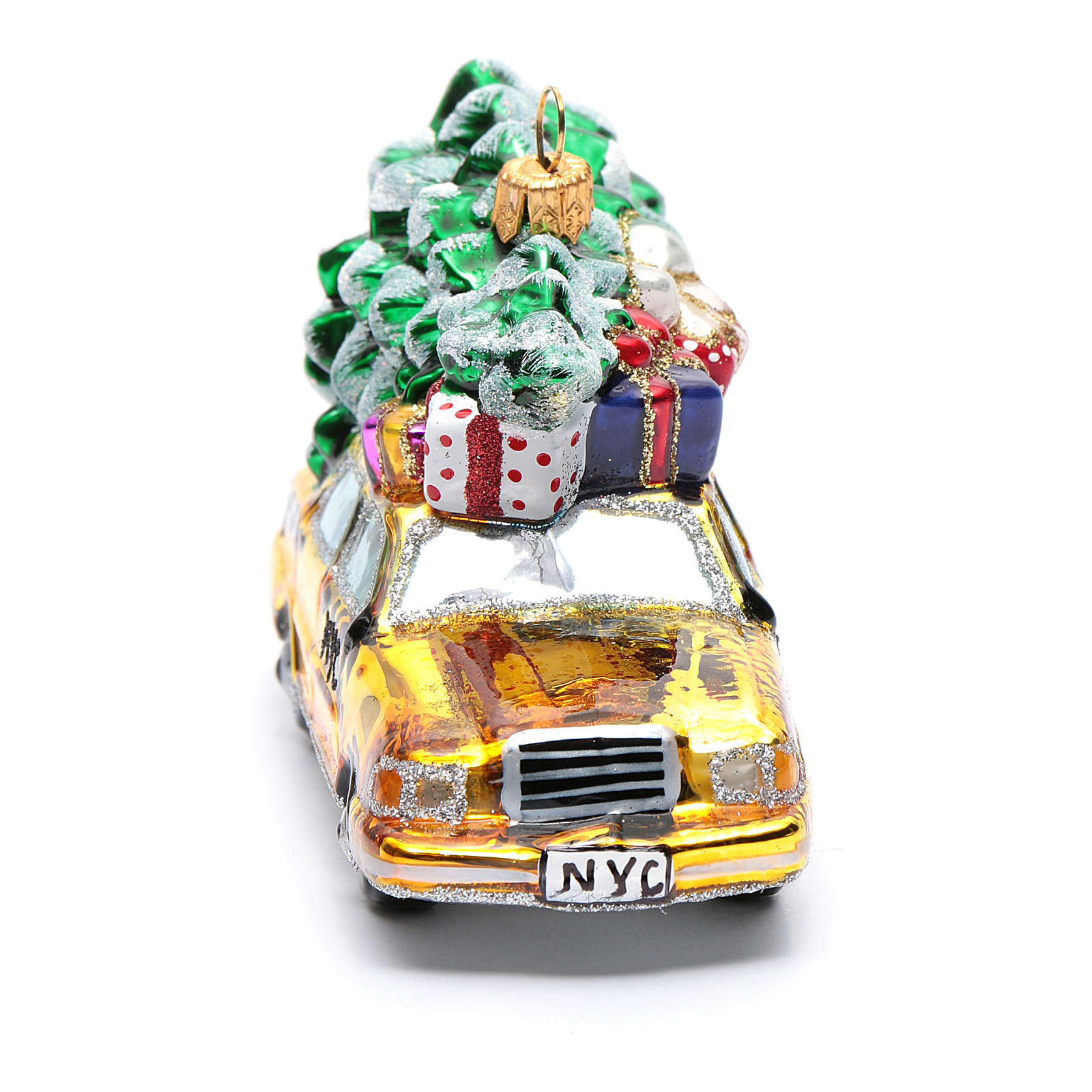 Blown glass Christmas ornament, New York taxi with Christmas tree