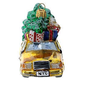 Blown glass Christmas ornament, New York taxi with Christmas tree