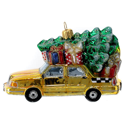 Blown glass Christmas ornament, New York taxi with Christmas tree 1