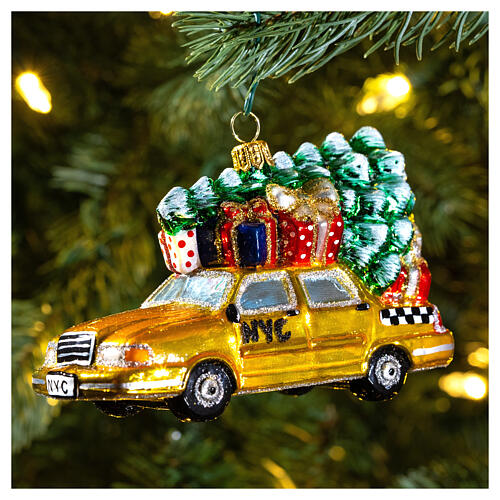 Blown glass Christmas ornament, New York taxi with Christmas tree 2