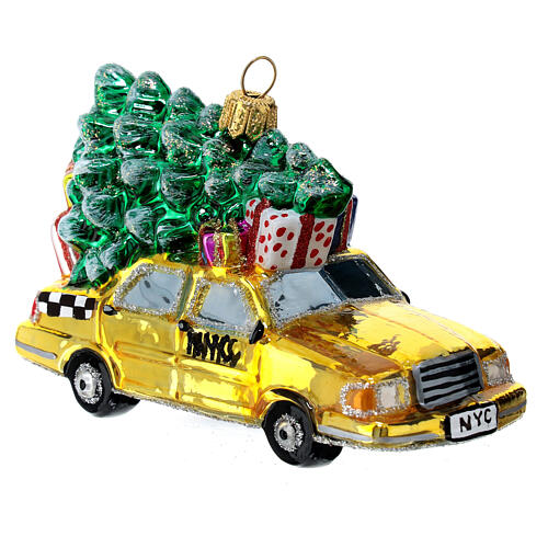 Blown glass Christmas ornament, New York taxi with Christmas tree 4