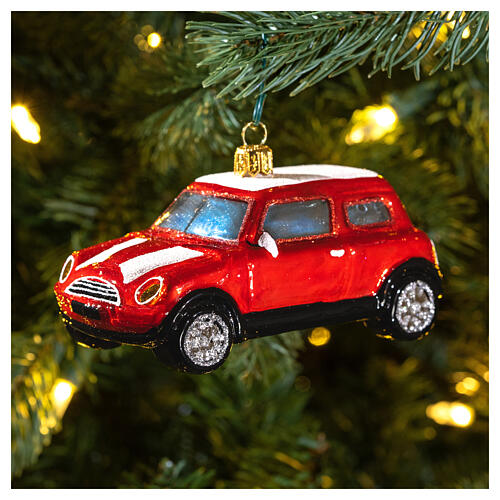 Mini Cooper vermelho adorno vidro soprado árvore Natal 2