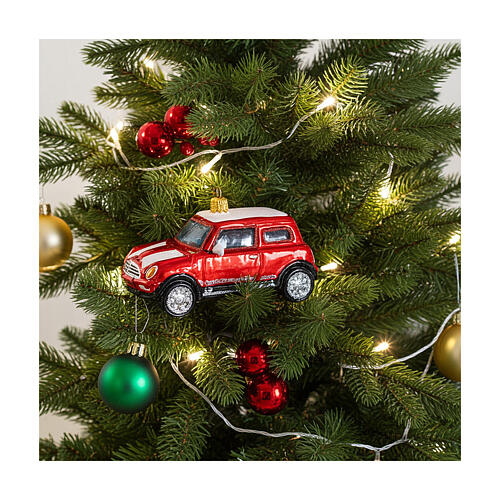 Mini Cooper vermelho adorno vidro soprado árvore Natal 4