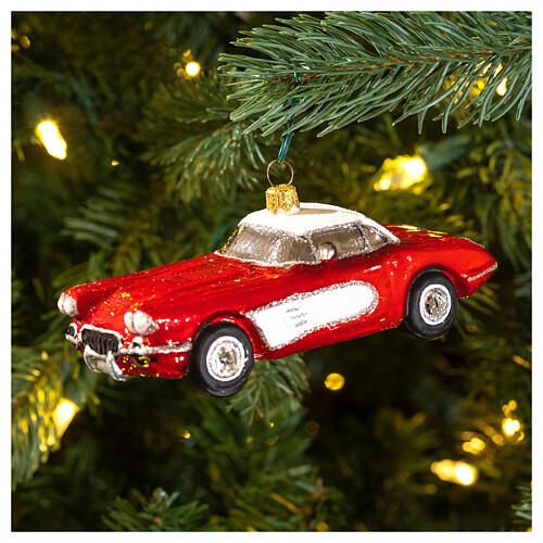 Blown glass Christmas ornament, classic roadster 2
