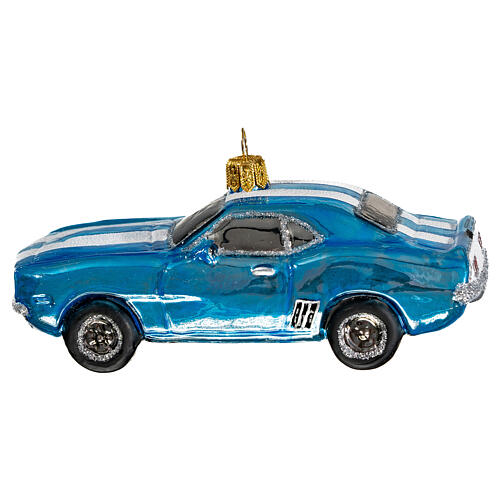 Blown glass Christmas ornament, blue Mustang 1