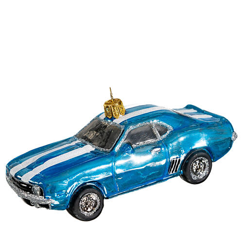 Blown glass Christmas ornament, blue Mustang 3