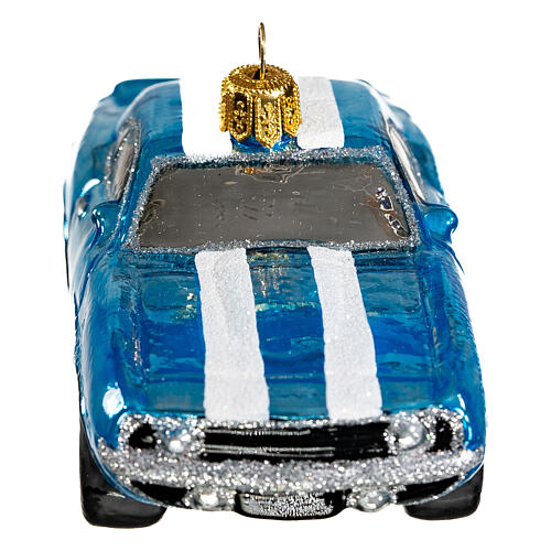 Blown glass Christmas ornament, blue Mustang 4