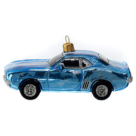 Blown glass Christmas ornament, blue Mustang