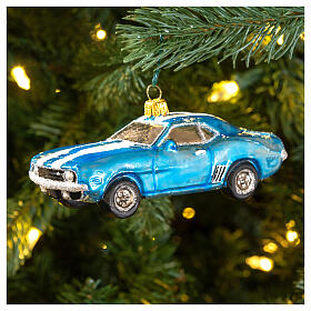 Blown glass Christmas ornament, blue Mustang