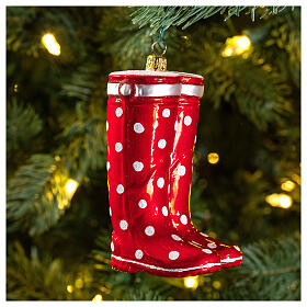 Rote Stiefel, Weihnachtsbaumschmuck aus mundgeblasenem Glas