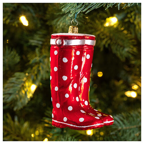 Blown glass Christmas ornament, red boots 2