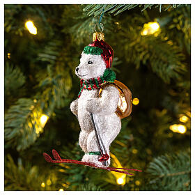 Blown glass Christmas ornament, polar bear on ski