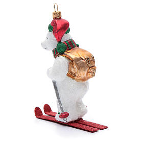 Blown glass Christmas ornament, polar bear on skis