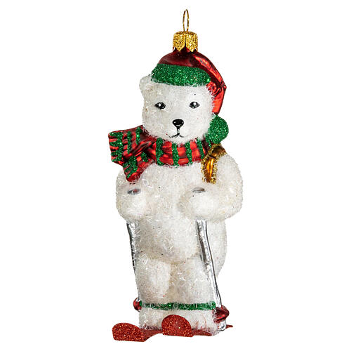 Blown glass Christmas ornament, polar bear on skis 1