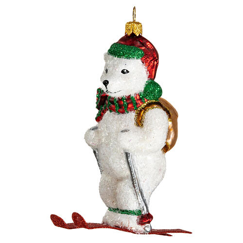 Blown glass Christmas ornament, polar bear on skis 3