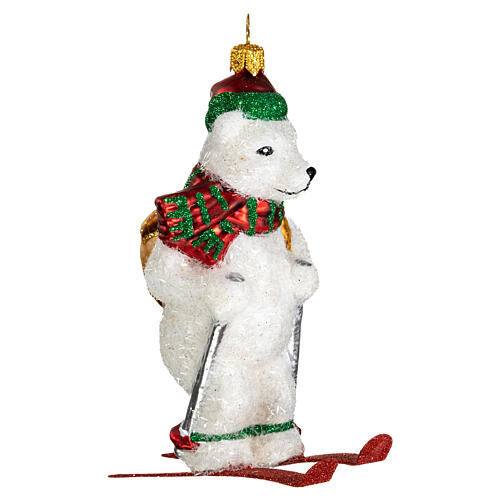 Blown glass Christmas ornament, polar bear on skis 4