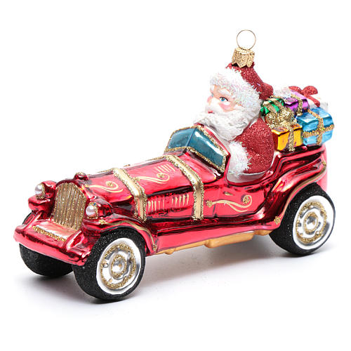 Blown glass Christmas ornament, Santa Claus in car 1