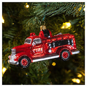 Blown glass Christmas ornament, firetruck