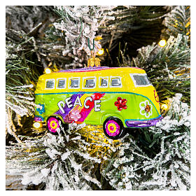 Blown glass Christmas ornament, hippie minivan