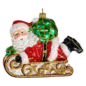 Blown glass Christmas ornament, Santa Claus with sled