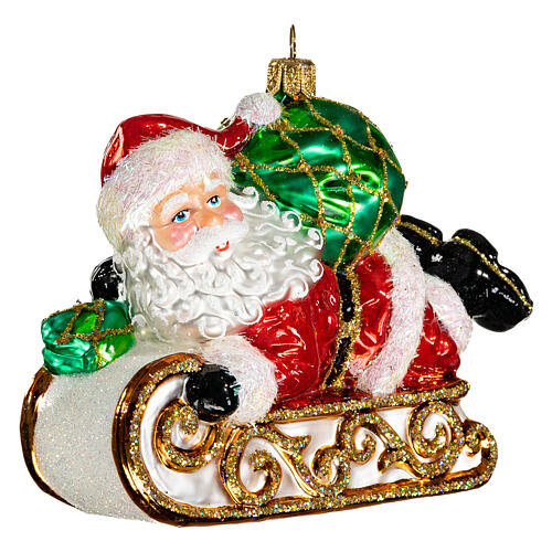 Blown glass Christmas ornament, Santa Claus with sled 3