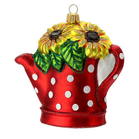 Blown glass Christmas ornament, watering can with sunflowers