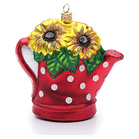 Blown glass ornaments: Blown glass Christmas ornament, watering can with sunflowers