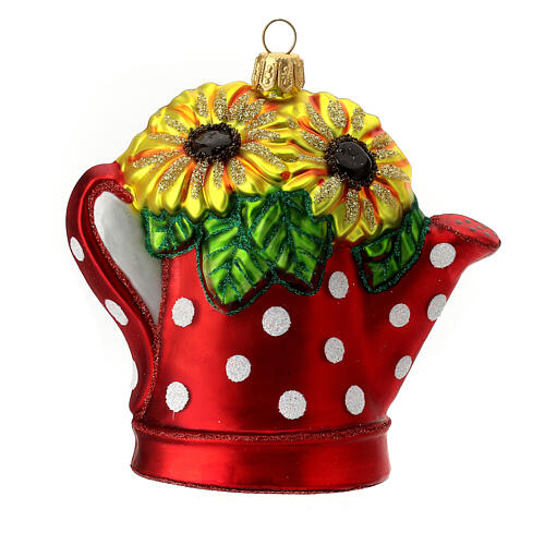 Blown glass Christmas ornament, watering can with sunflowers 5