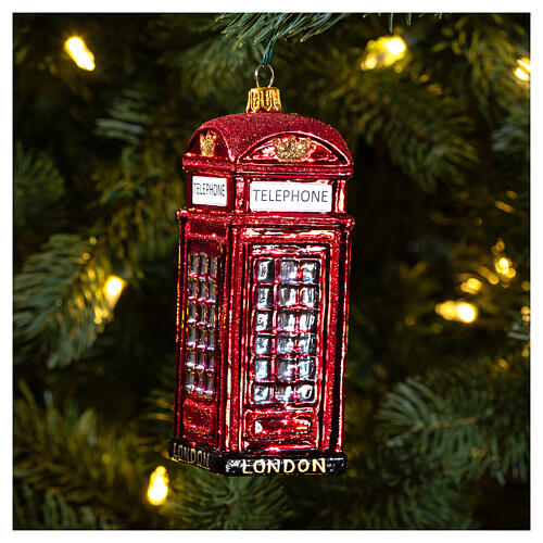 Blown glass Christmas ornament, red telephone box 2