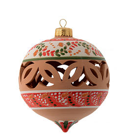 Drilled pointed Christmas bauble in terracotta from Deruta 100 mm red and white