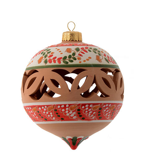 Drilled pointed Christmas bauble in terracotta from Deruta 100 mm red and white 1