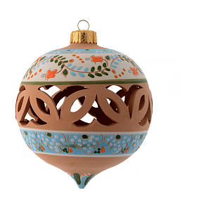 Weihnachtskugel aus durchbrochenem Terrakotta mit Spitze Verzierungen in hellblauer Farbe Deruta 100 mm