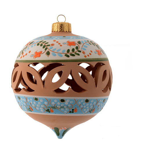 Weihnachtskugel aus durchbrochenem Terrakotta mit Spitze Verzierungen in hellblauer Farbe Deruta 100 mm 1