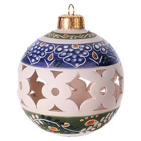 Christmas ball in white decorated terracotta diam. 80 mm, green and blue