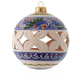 White Christmas bauble with blue decorations sized 100 mm