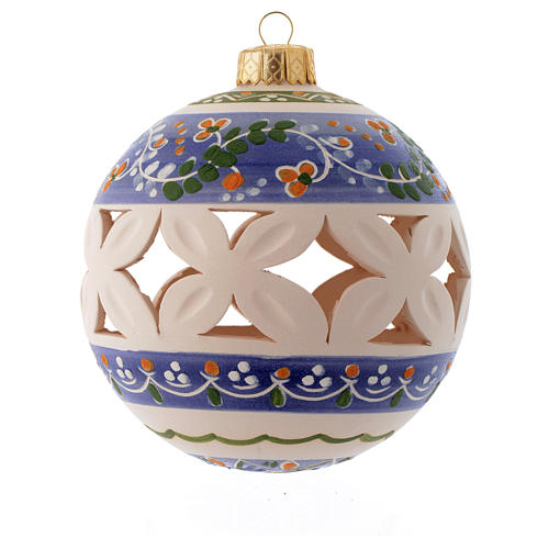 White Christmas bauble with blue decorations sized 100 mm 1