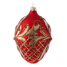 Weihnachtskugel aus mundgeblasenem Glas in Tropfenform Grundton Rot mit goldenen Verzierungen 130 mm