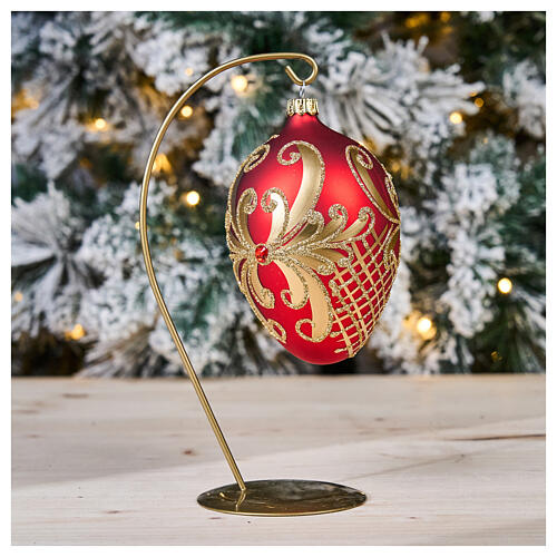 Adorno Árbol de Navidad forma huevo vidrio soplado rojo y oro 130 mm 2