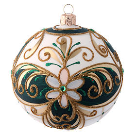 Green white and gold Christmas ball in blown glass 100 mm
