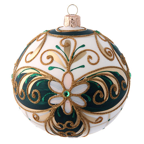 Green white and gold Christmas ball in blown glass 100 mm 1
