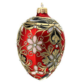 Weihnachtskugel aus mundgeblasenem Glas in Tropfenform Grundton Rot mit schwarzen und goldenen Verzierungen 130 mm
