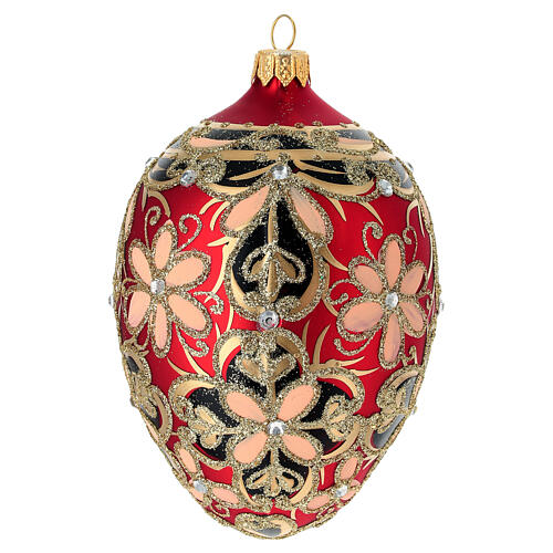 Weihnachtskugel aus mundgeblasenem Glas in Tropfenform Grundton Rot mit schwarzen und goldenen Verzierungen 130 mm 3