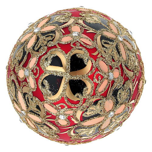 Weihnachtskugel aus mundgeblasenem Glas in Tropfenform Grundton Rot mit schwarzen und goldenen Verzierungen 130 mm 5