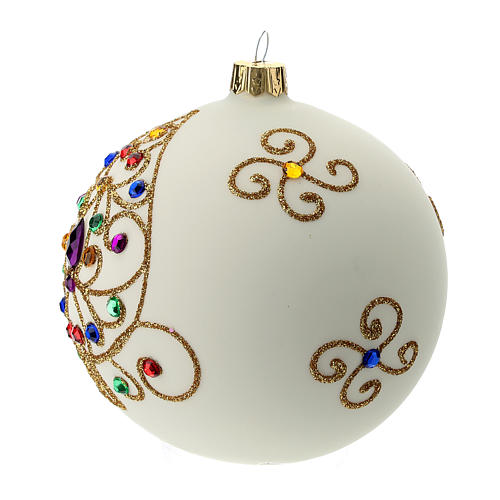 Bola de Navidad  blanca 100 mm vidrio soplado y decoración dorada 2