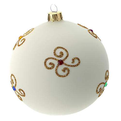 Bola de Navidad  blanca 100 mm vidrio soplado y decoración dorada 4
