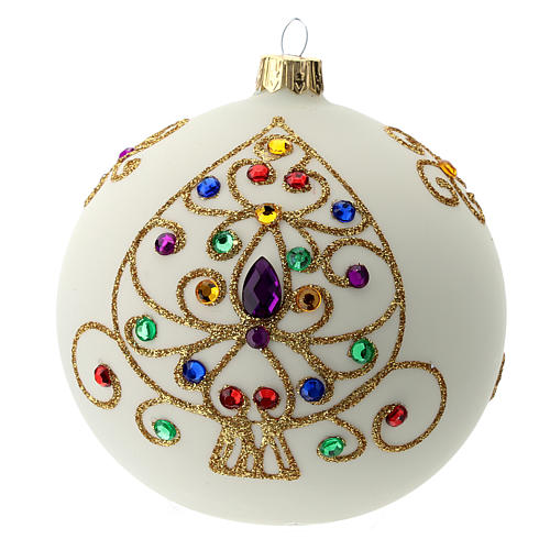 White Christmas ball in blown glass and golden decorations sized 100 mm 1