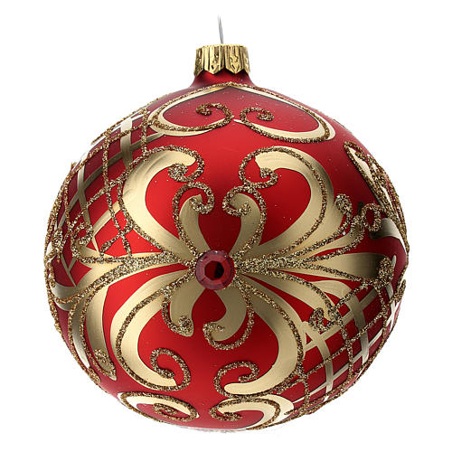 Weihnachtsbaumkugel aus mundgeblasenem Glas Grundton Rot mit goldenen Verzierungen 100 mm 4