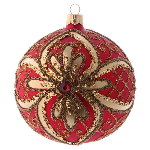 Weihnachtsbaumkugel aus mundgeblasenem Glas Grundton Rot mit goldenen Verzierungen 100 mm 1